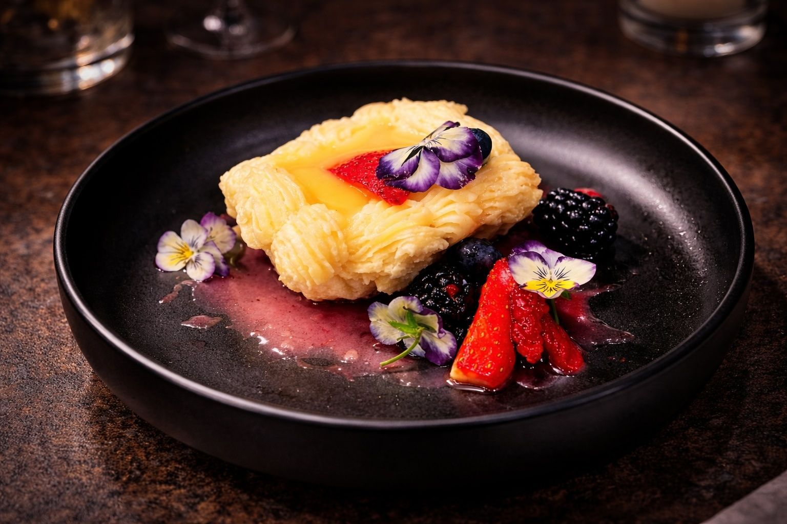 Plated dessert on a black plate with berries and edible flowers on a dark table