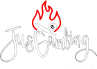 Stylized “Just Grilling” text with a red flame above a gray grill fork