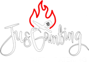 Stylized “Just Grilling” text with a red flame and gray spatula above the lettering