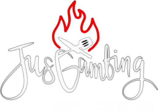 Stylized “Just Grilling” text with a red flame above a gray grill fork