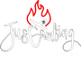 Stylized “Just Grilling” text with a red flame above a gray grill fork