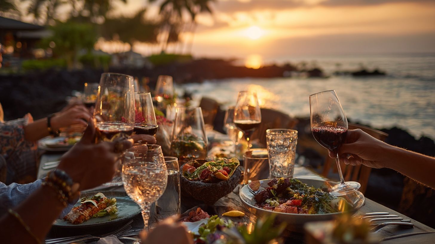 Sunset seaside dinner with wine glasses and candles on a table by the water