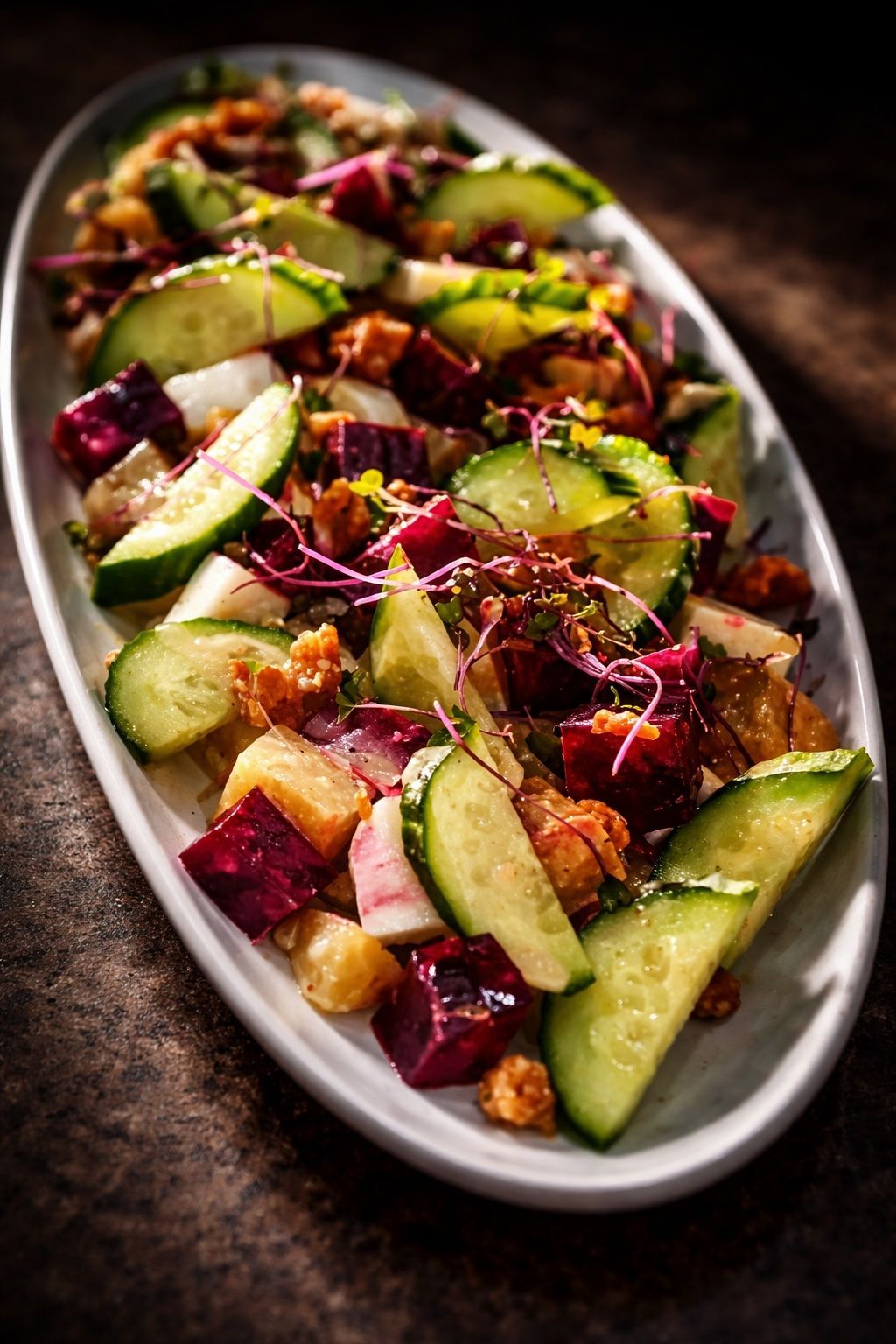 Colorful roasted vegetable salad with zucchini, beets, and herbs on a white oval platter