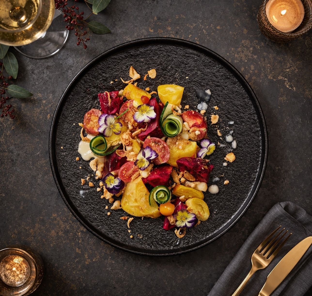 Colorful gourmet salad on a black plate, with candles and cutlery on a dark tabletop.