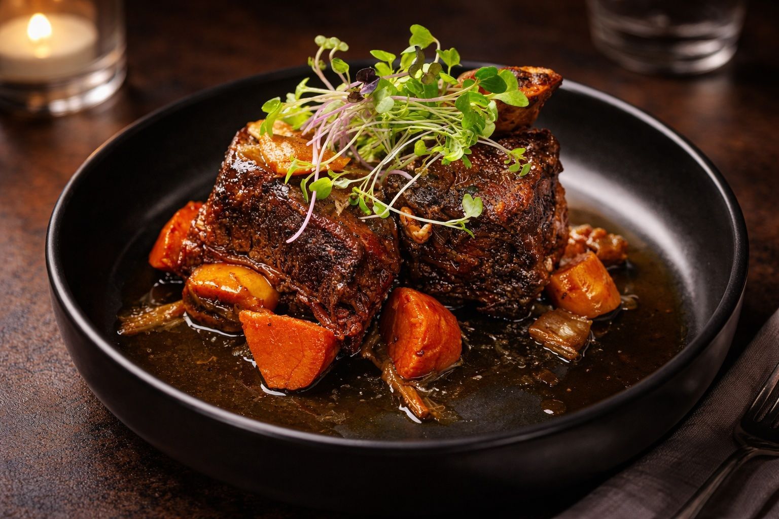Braised meat topped with herbs in a black bowl, with roasted vegetables in a dark restaurant setting
