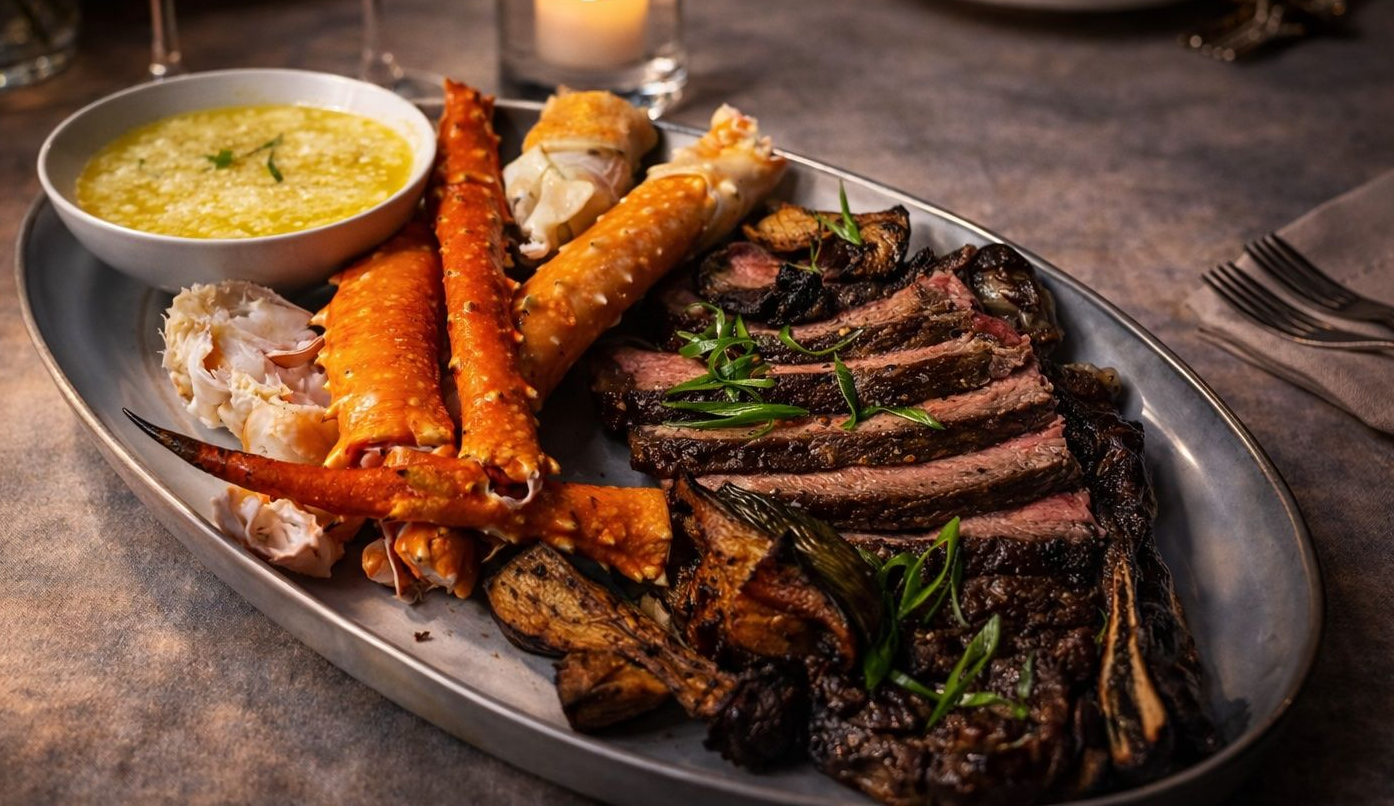 Grilled steak with carrot fries and mashed potatoes on a dark plate, with a small bowl of sauce