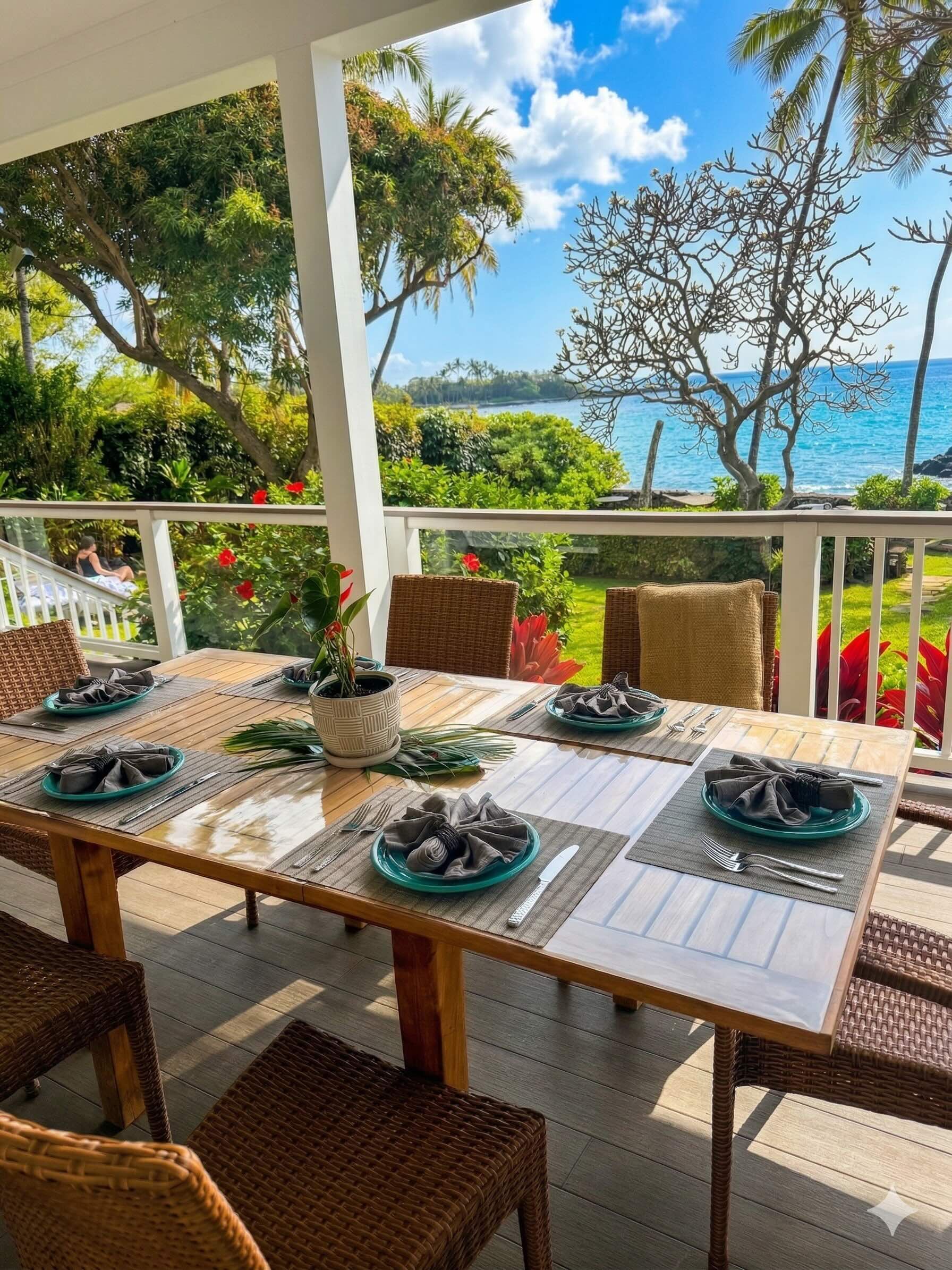 Outdoor dining table on a porch overlooking a bright blue ocean and leafy garden