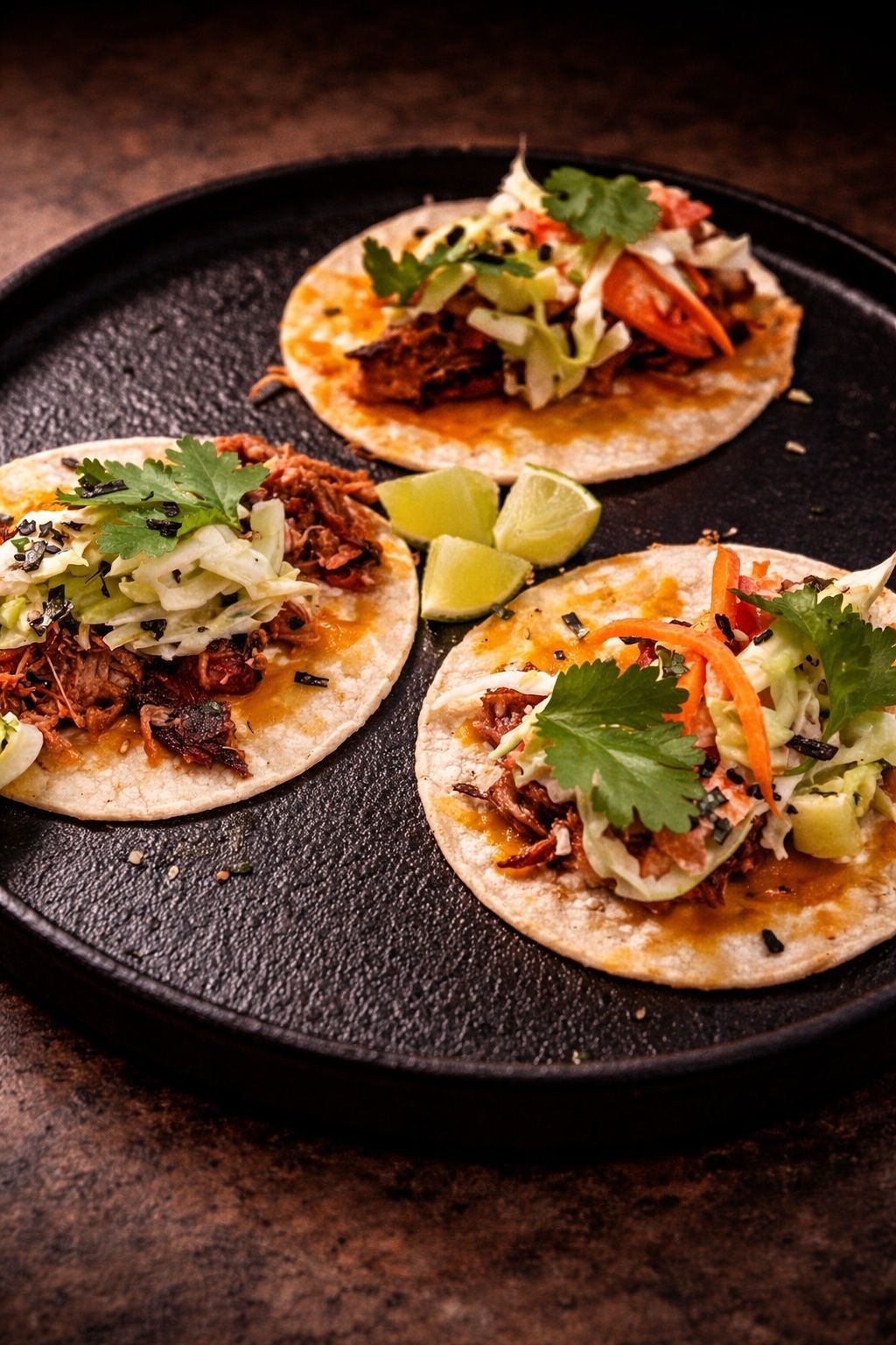 Three small tortillas topped with grilled meat, slaw, cilantro, and lime wedges on a dark plate
