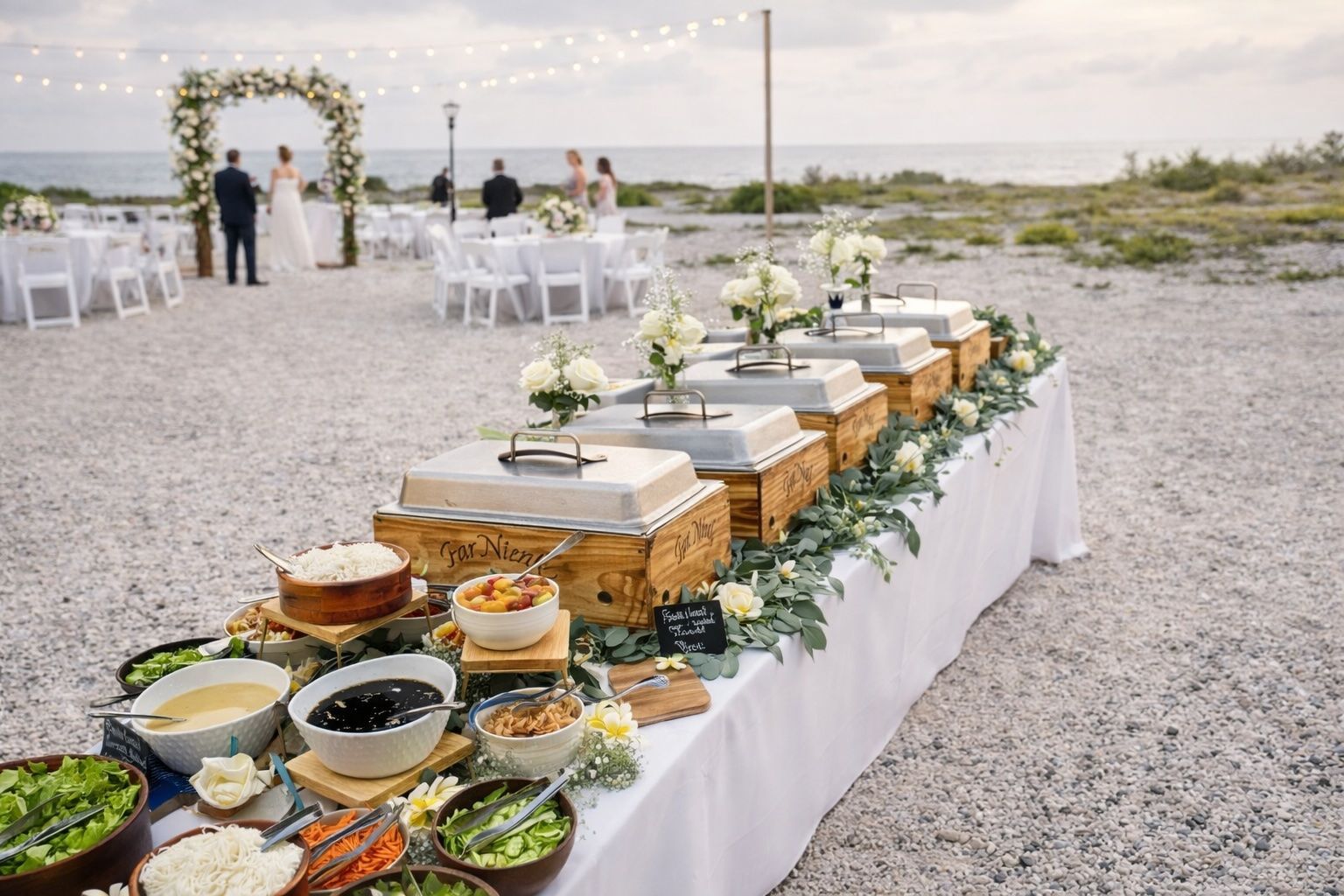 Outdoor wedding buffet on a gravel beach, with decorated tables and chairs under an arch by the water.
