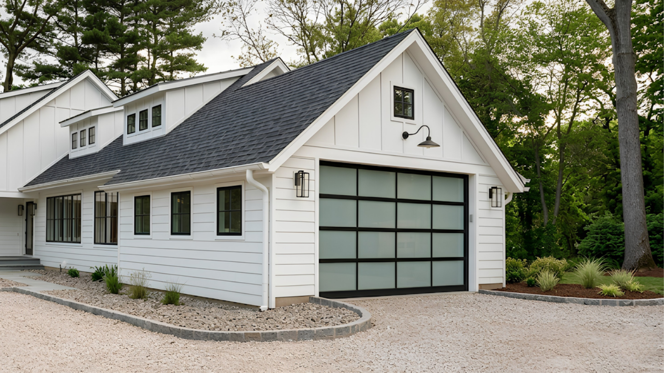 Two green buildings on a leaf-covered lot, one with a large garage door and one with windows.