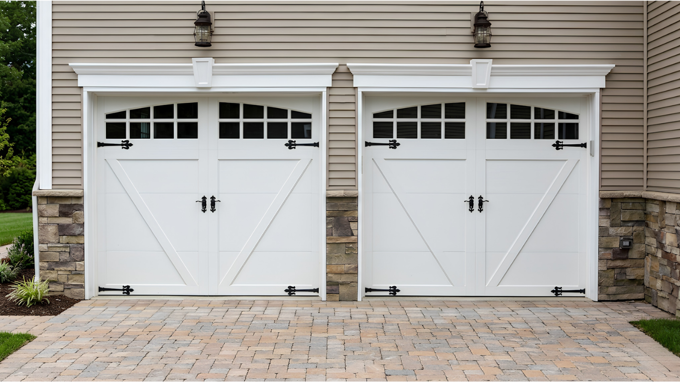 Wooden garage door with dark window panes beneath a white overhang