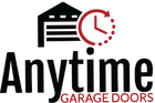 The logo for anytime garage doors has a clock on it.