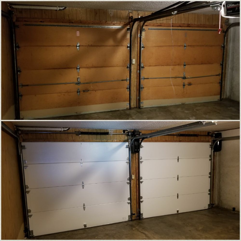 A before and after picture of a garage door being repaired.
