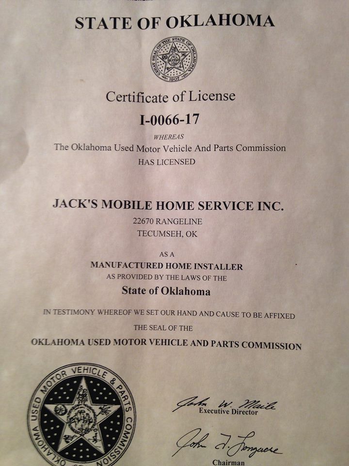 Certificate of License — Tecumseh, OK — Jacks Mobile Home Service