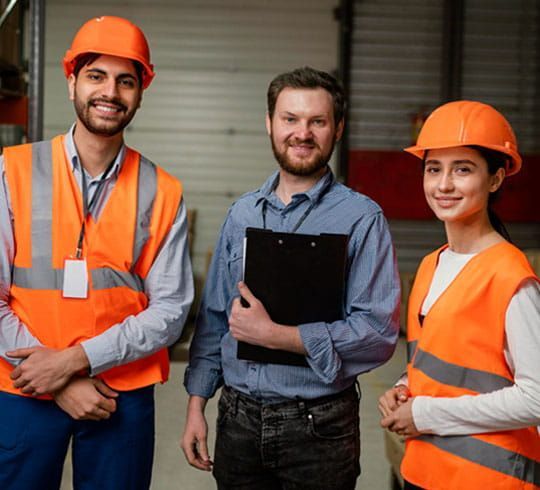 Obrero de la construcción subiendo una escalera, vistiendo un casco amarillo y un chaleco naranja, contra un cielo azul.