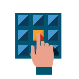 Mano tocando un cuadrado amarillo sobre una cuadrícula azul.