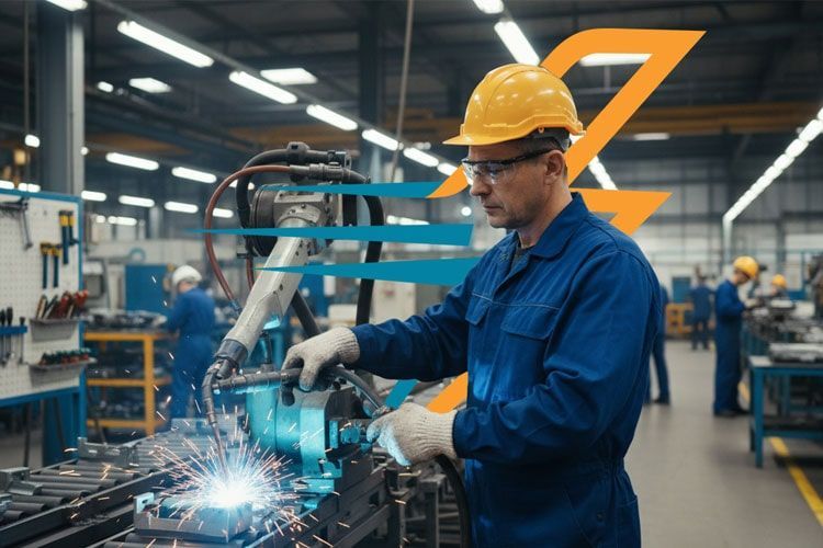 Obrero de fábrica soldando metal con un brazo robótico, vistiendo un mono azul y casco.