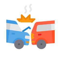 Dos coches chocaron, coche azul con el capó abierto, coche rojo, icono de humo y explosión.