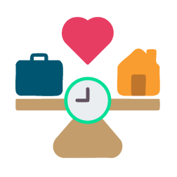 Una balanza que equilibra un maletín, un reloj y una casa con un corazón encima.