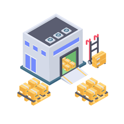 Un icono de un camión de reparto con una caja y alfileres.