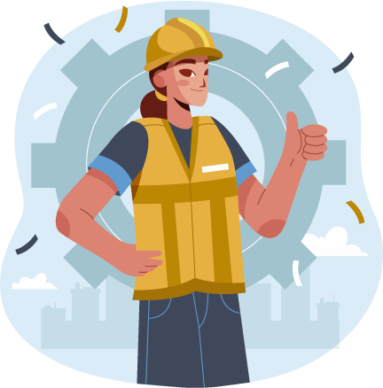 Mujer trabajadora de la construcción con chaleco amarillo y casco haciendo un gesto de pulgar hacia arriba.