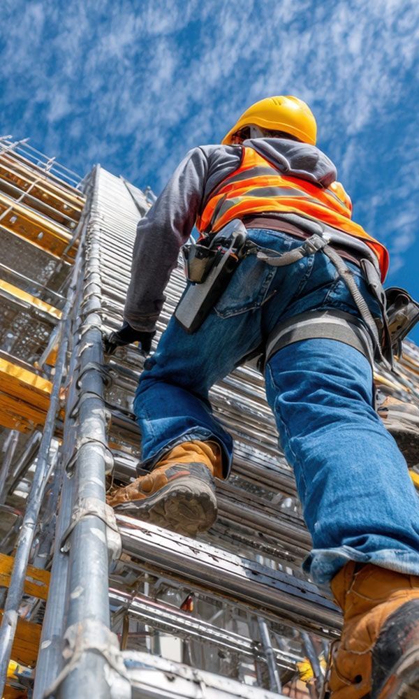 Obrero de la construcción subiendo una escalera, vistiendo un casco amarillo y un chaleco naranja, contra un cielo azul.