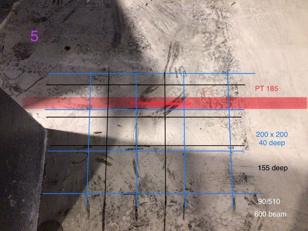 Diagram of concrete wall with overlaid blue grid and red line labeling 