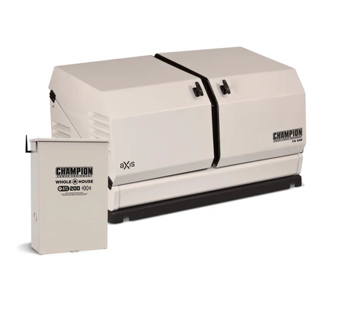Champion home standby generator with a transfer switch. It is beige and sits on a black base.