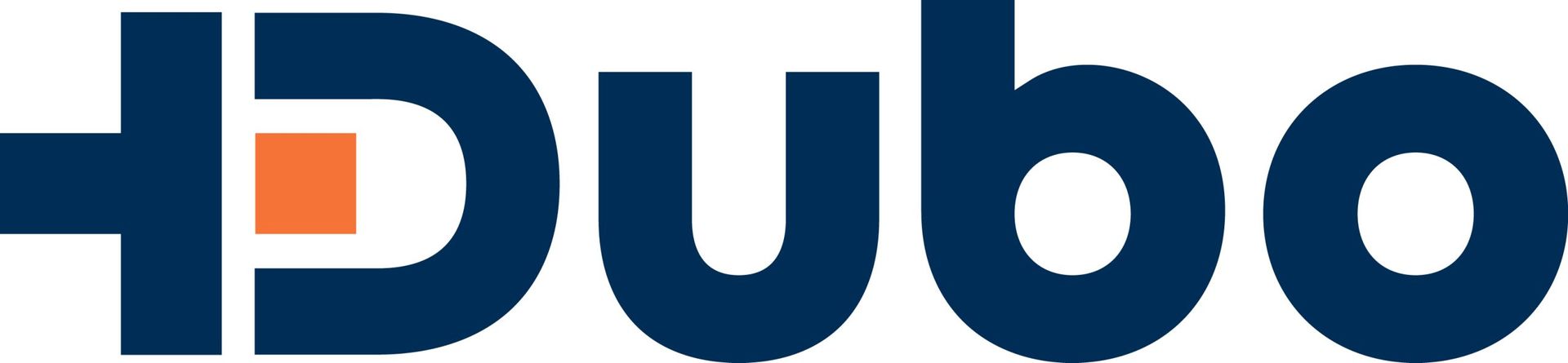 Logo for Dubo. Dark blue letters with an orange square in the 