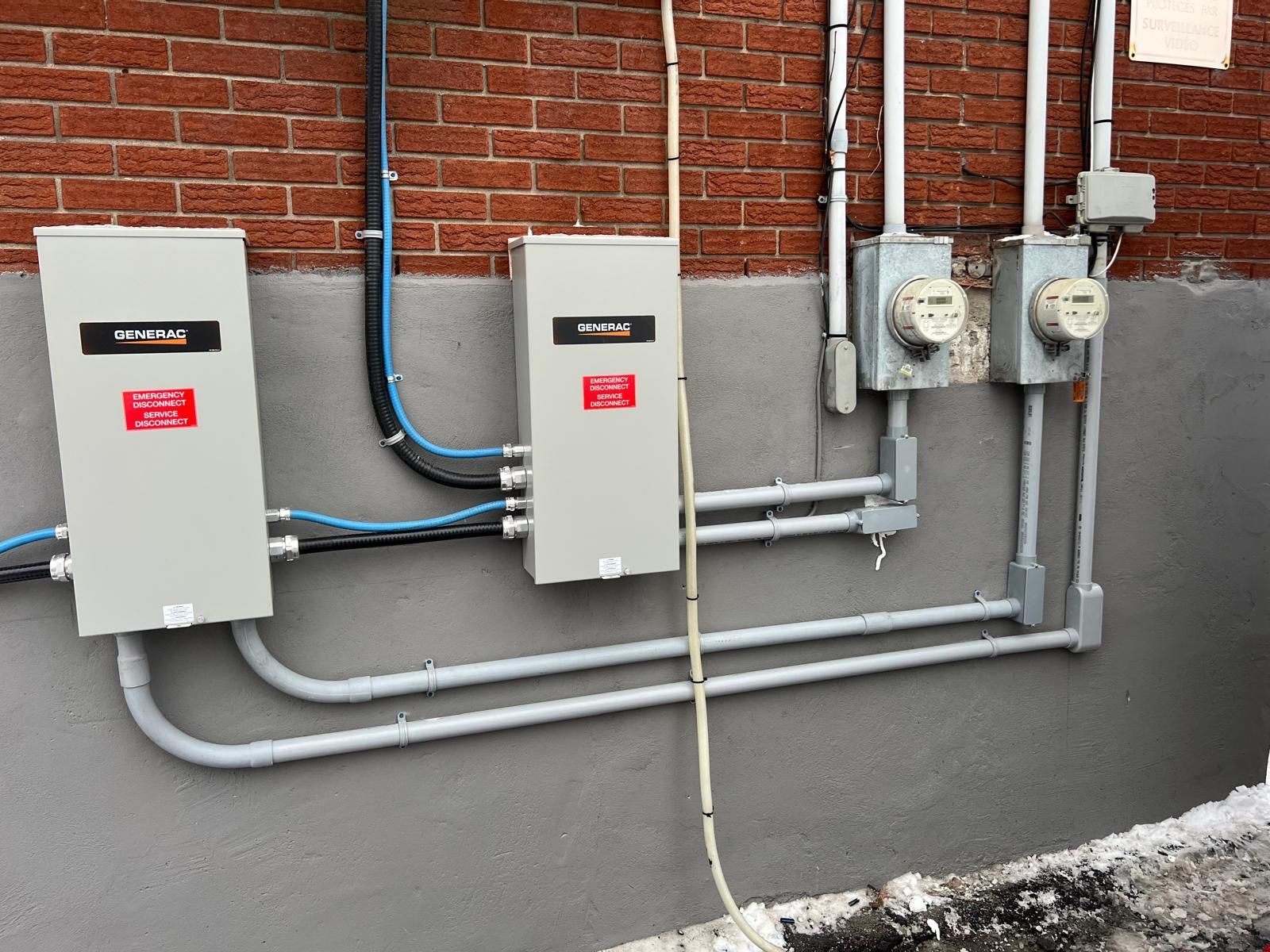 Electrical boxes and meters on brick and concrete wall. Gray conduit and wiring.