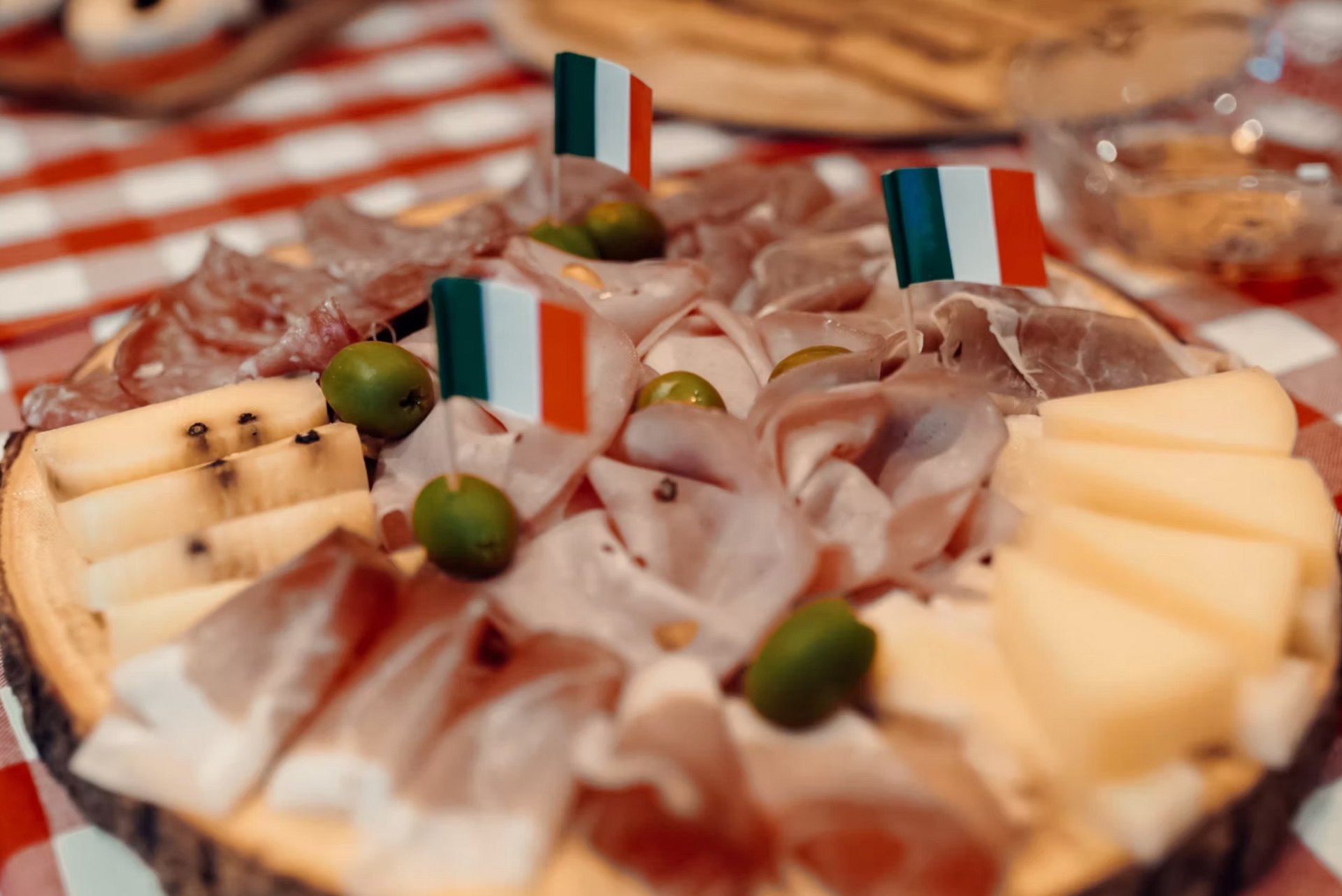 Charcuterie board with Italian flag toothpicks