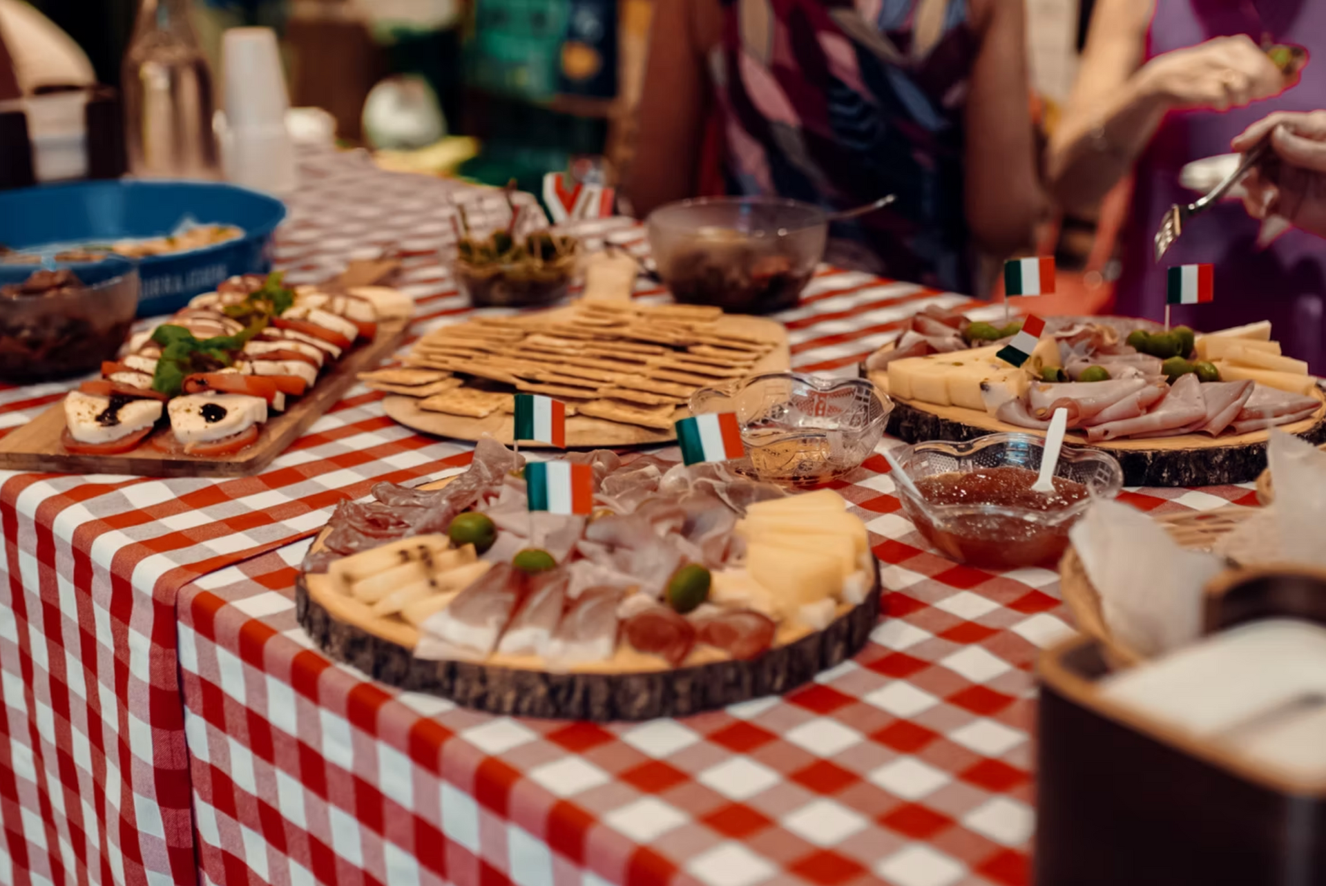 A picnic table laden with food