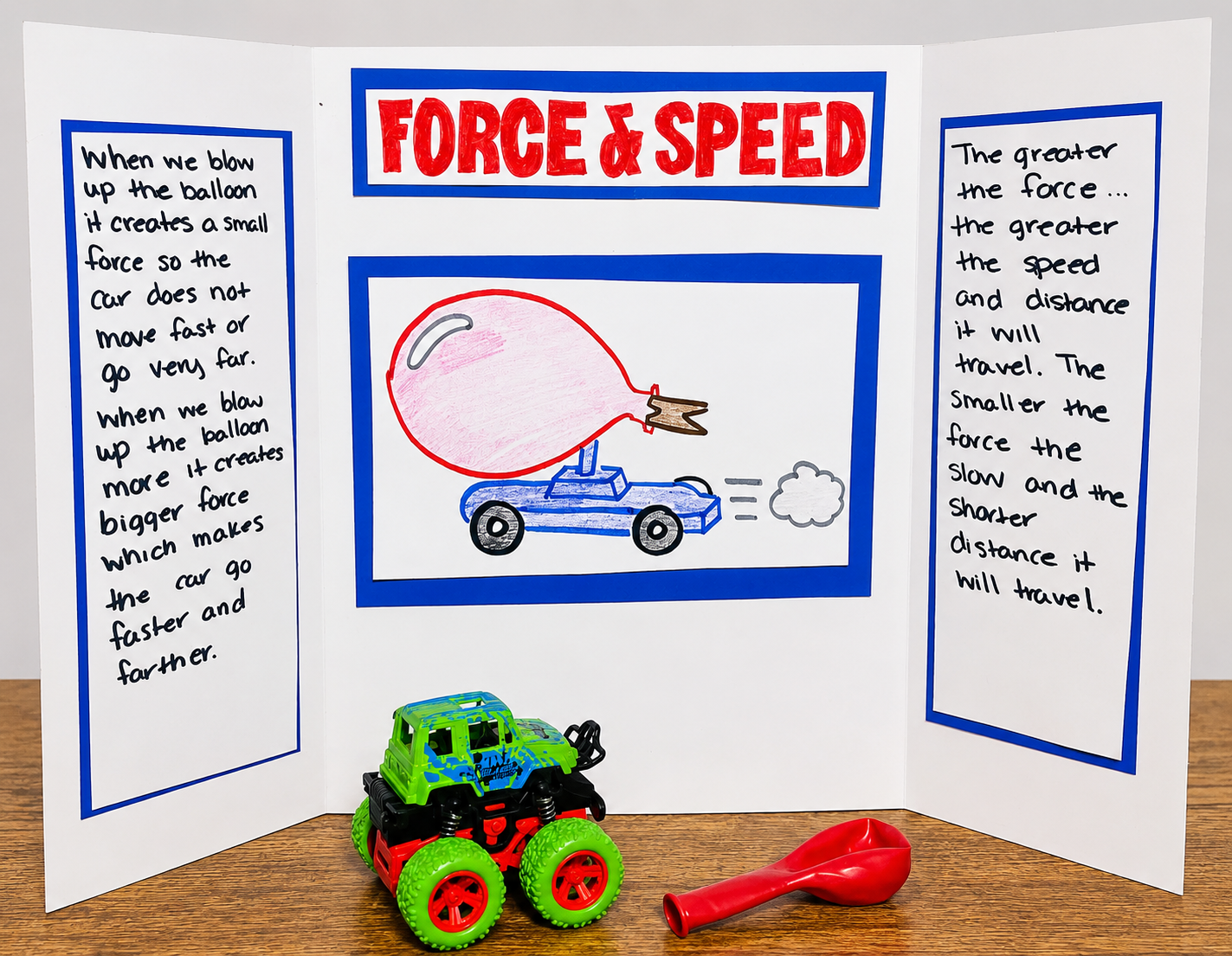 Toy car being pushed next to a meter stick to demonstrate how forces impact the speed of an object.