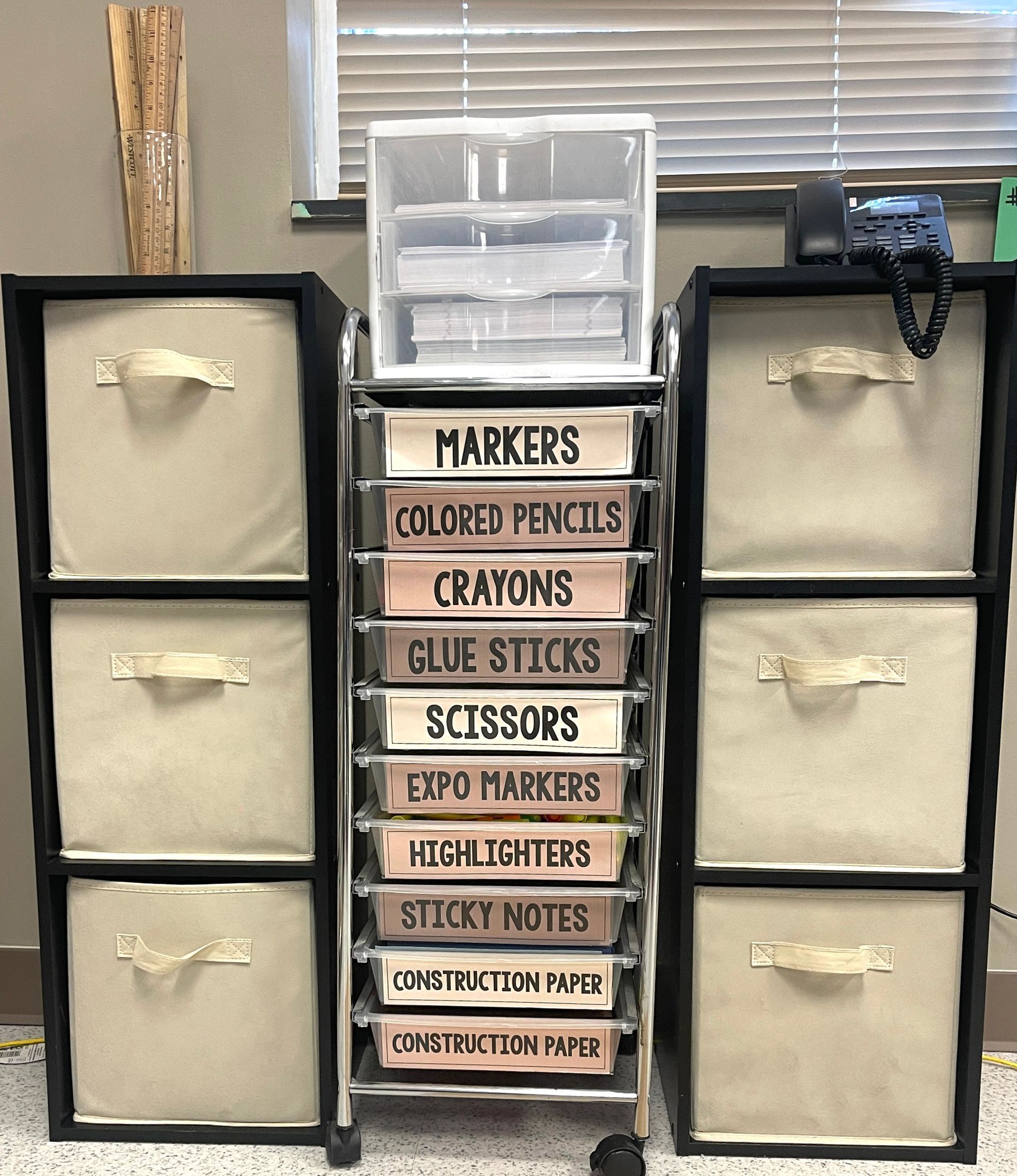Photo of storage system for classroom supplies.