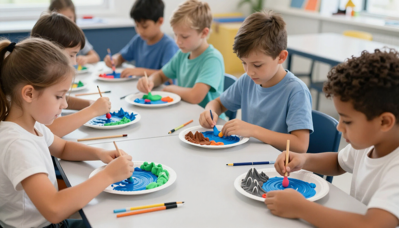 Picture of students creating model of Earth's landforms and bodies of water.