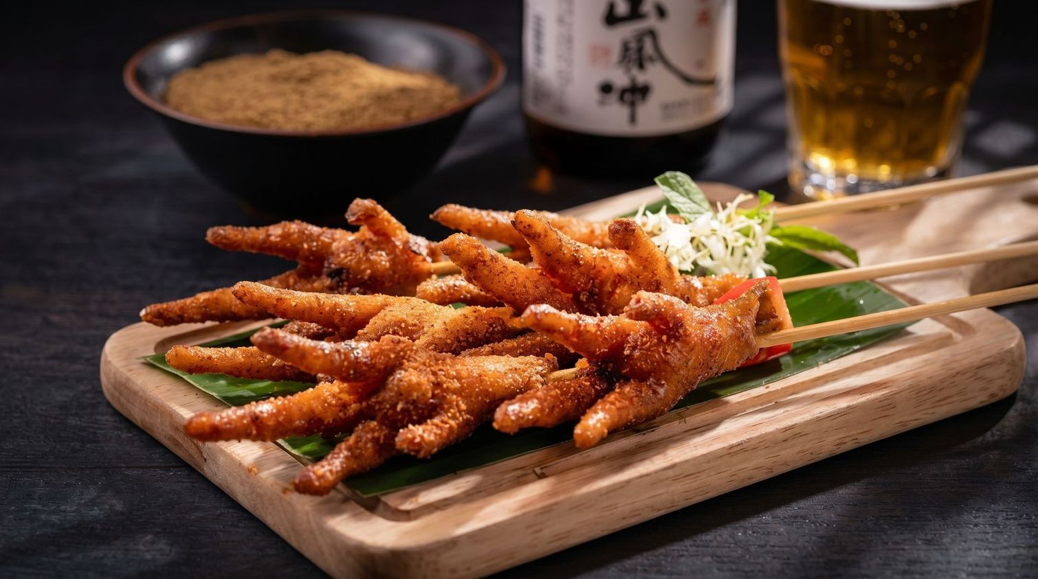 Skewered fried chicken on a wooden board, with a dipping sauce and beer in the background.