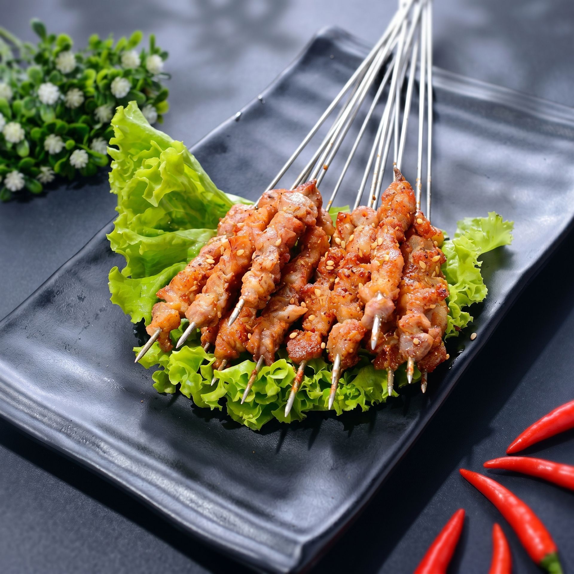 Skewered grilled meat on lettuce on a black plate with red chilies and a floral garnish