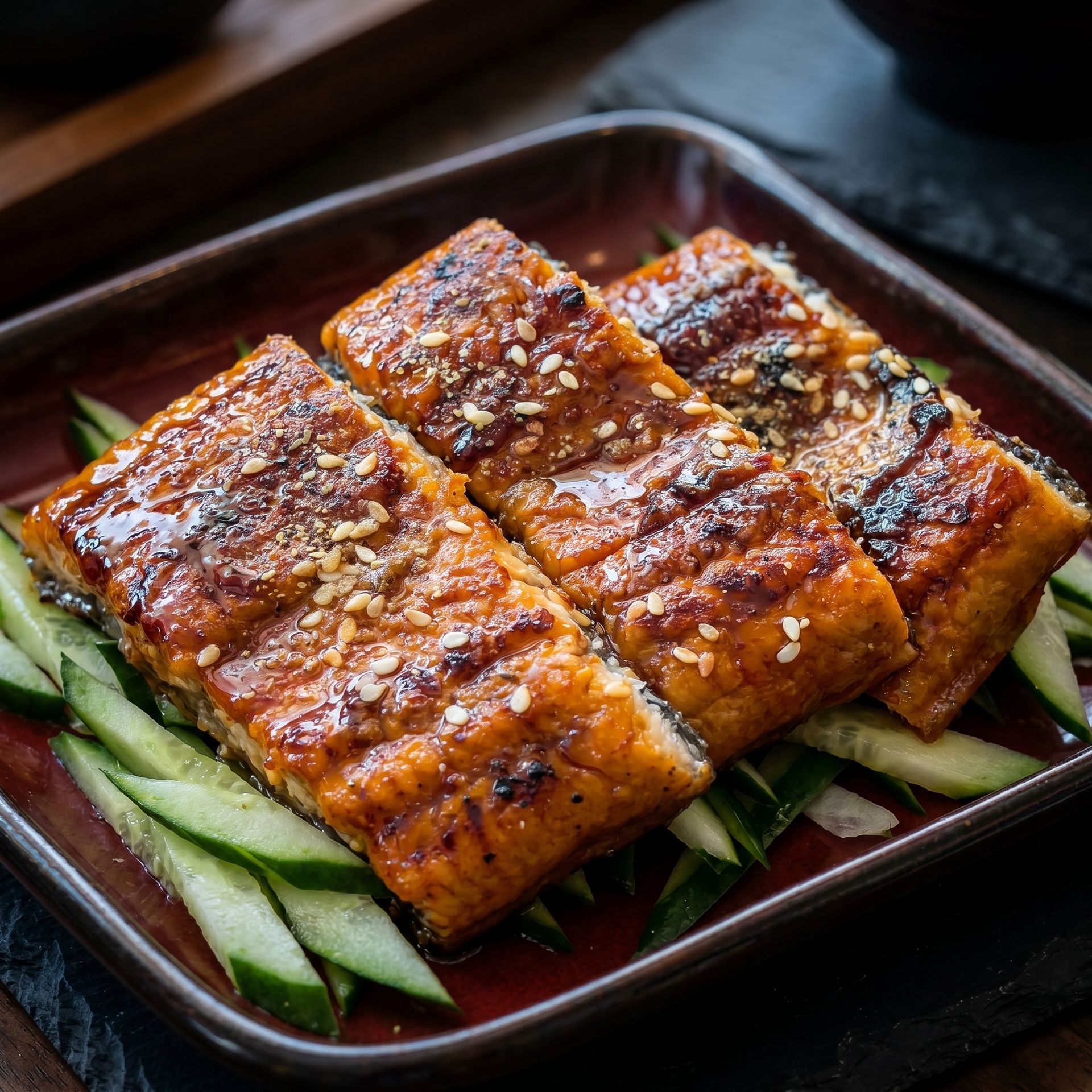 Glazed grilled fish fillets on a dark plate with sliced cucumber garnish