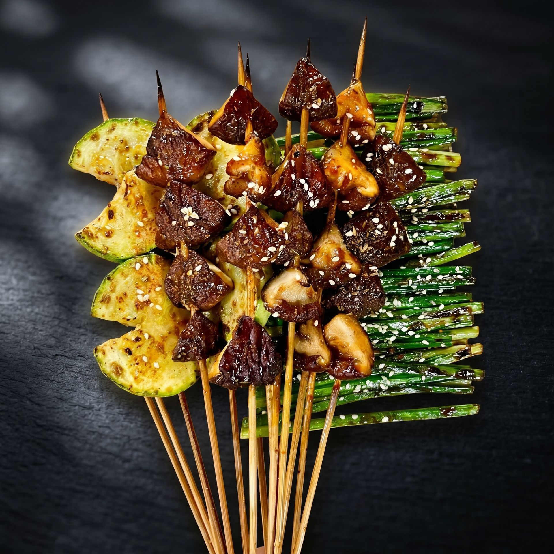 Grilled meat and vegetable skewers arranged on a dark surface, with zucchini and potato slices visible