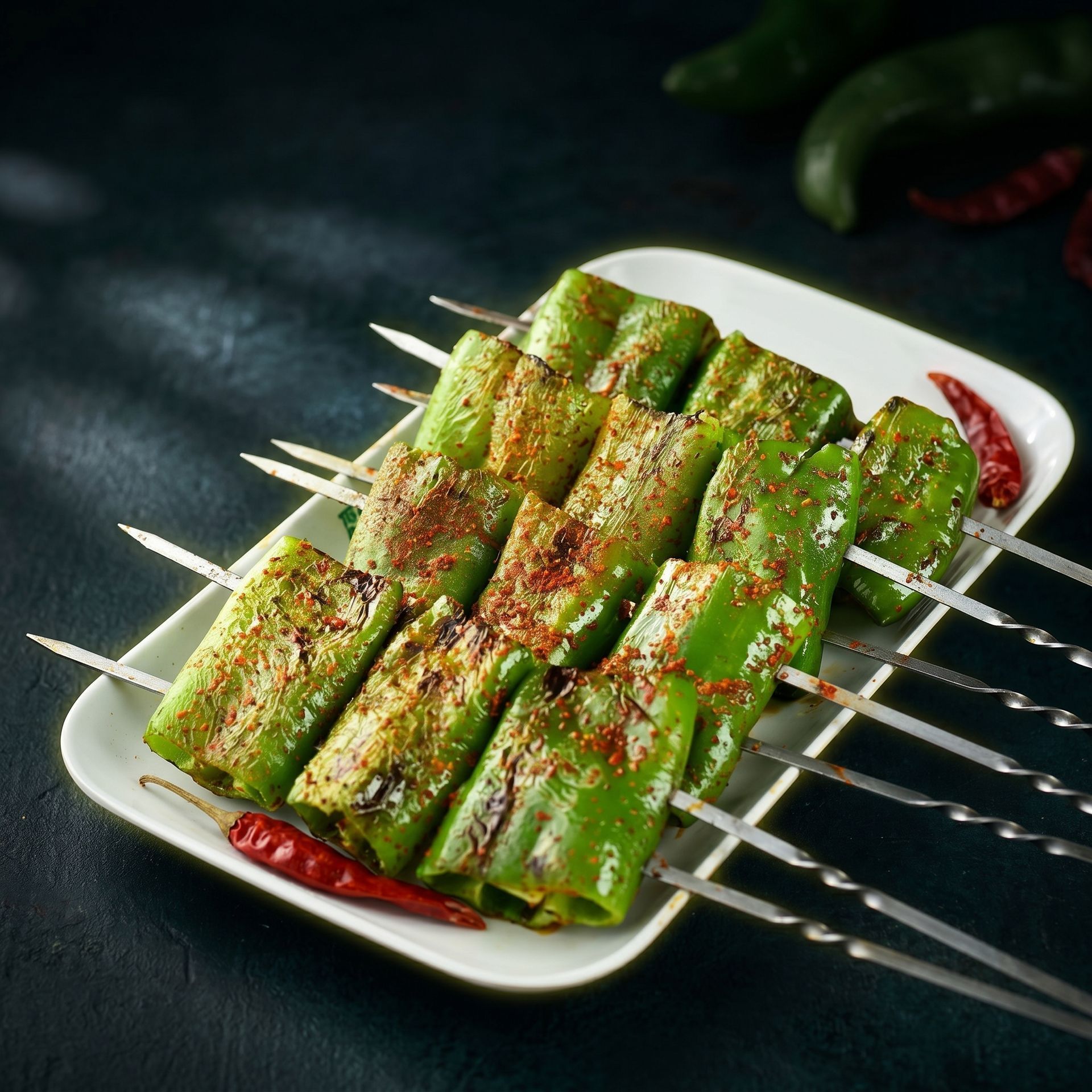 Grilled stuffed zucchini rolls on skewers, sprinkled with spices, served on a white plate with red chilies