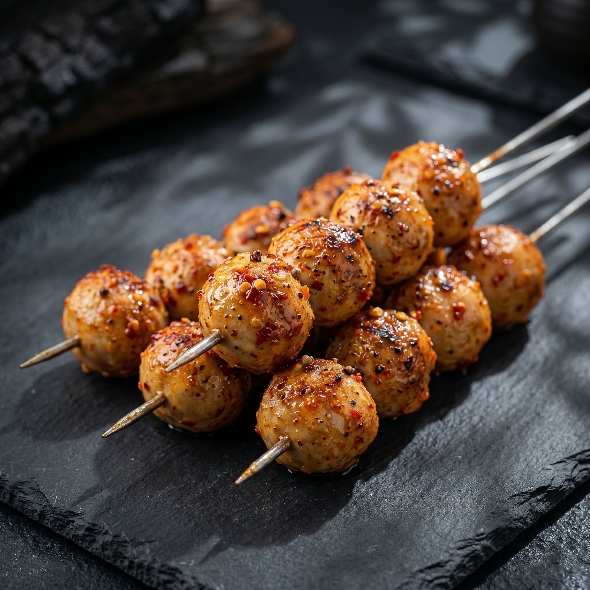 Grilled skewers of seasoned meatballs on a dark slate board, with a smoky, charred finish