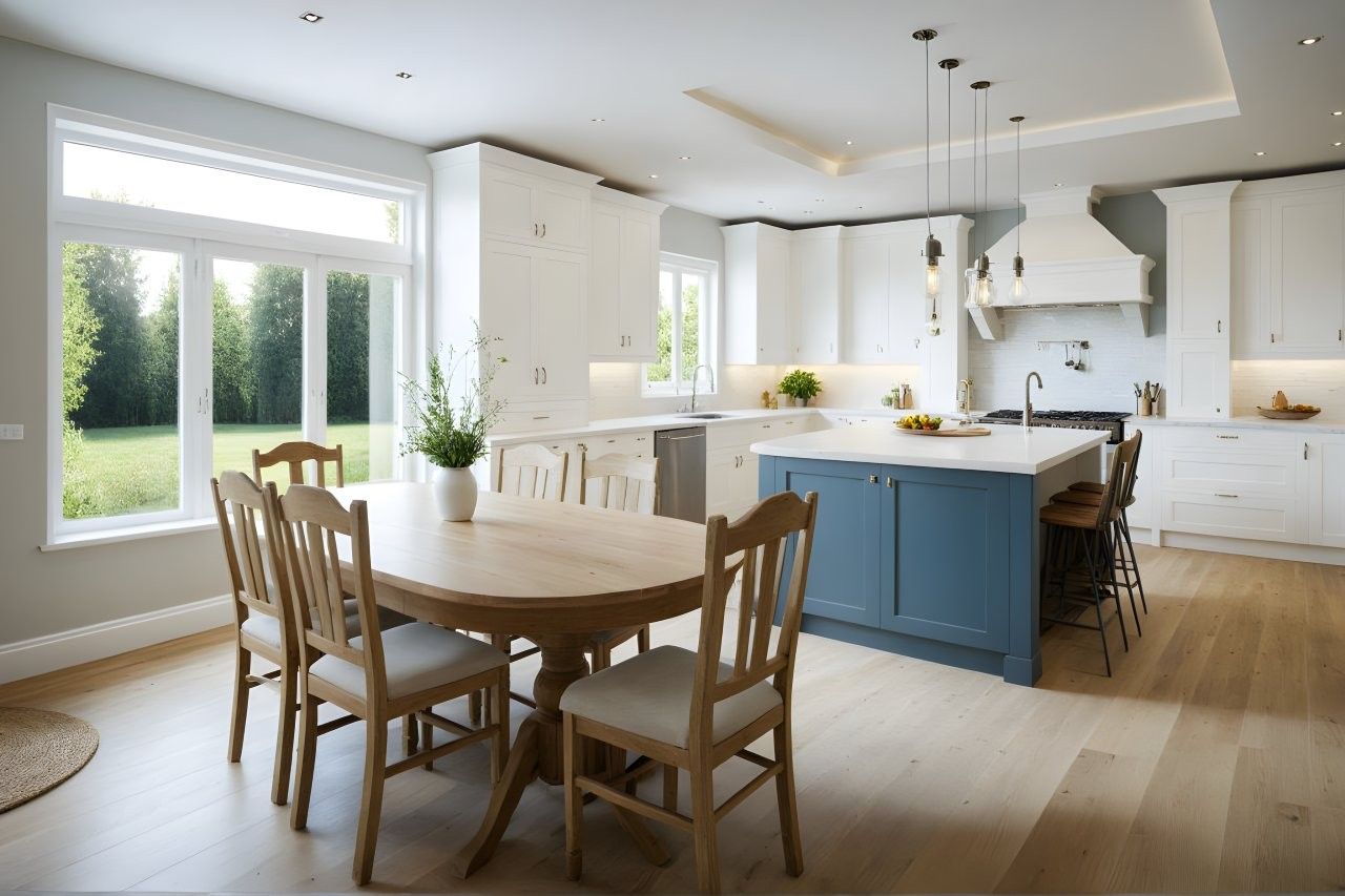 Kitchen with white cabinets and blue island with white oak flooring and dining table