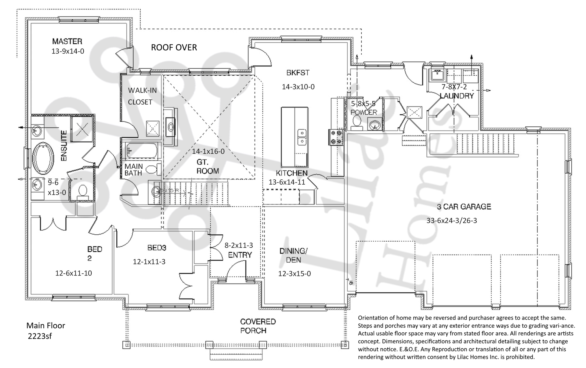 Floor plan for a residential home, detailing room layouts, garage, and porch, overlaid with a watermark text.