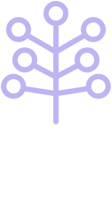 A light purple, symmetrical icon of a tree-like shape with a central vertical stem and three pairs of branches with circles.