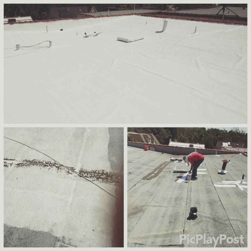 Top-down view of white roof with workers, close-up of damaged roof, and worker patching a roof.