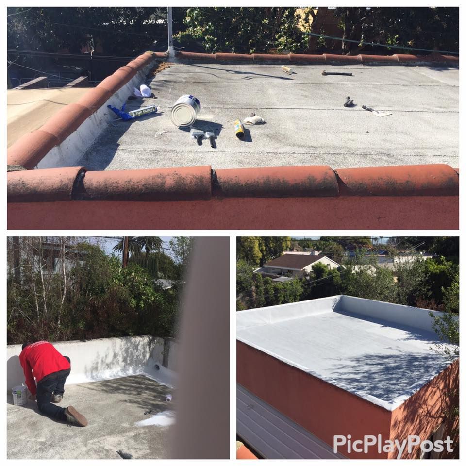 Three photos: worker painting white sealant on a flat roof with red tile edges.