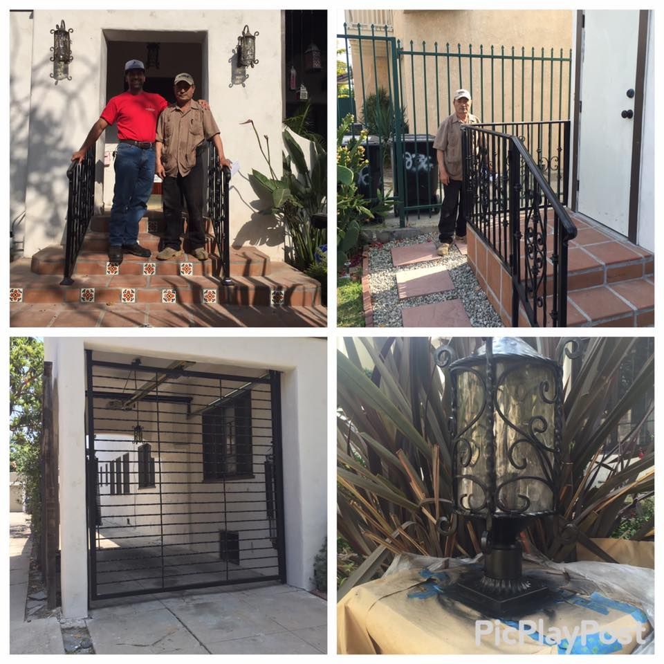 Four images showcasing black ironwork: two men, a gate, lamp post, and a railing.