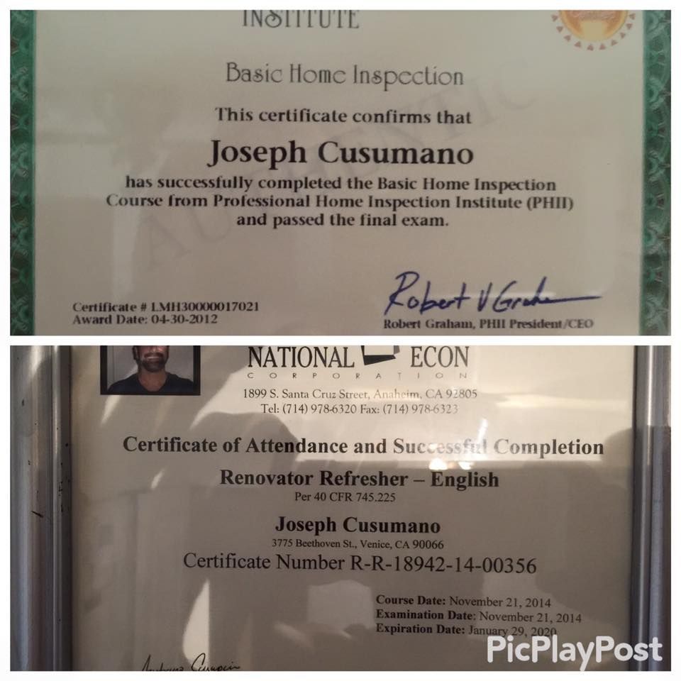 Two certificates for Joseph Cusumano: Home Inspection, and Renovator Refresher course completion.