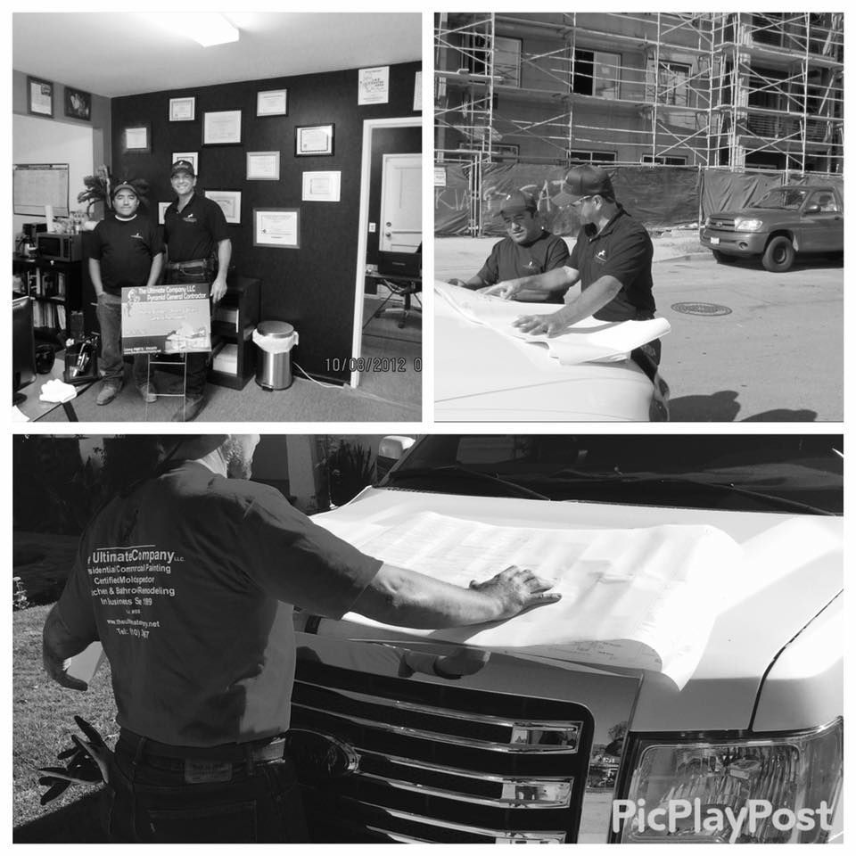 Three photos showing workers: One inside, two working on vehicle wrapping outdoors.