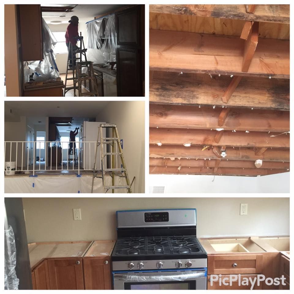 Collage of kitchen renovation: workers on ladders, exposed ceiling beams, and new cabinets with stove.